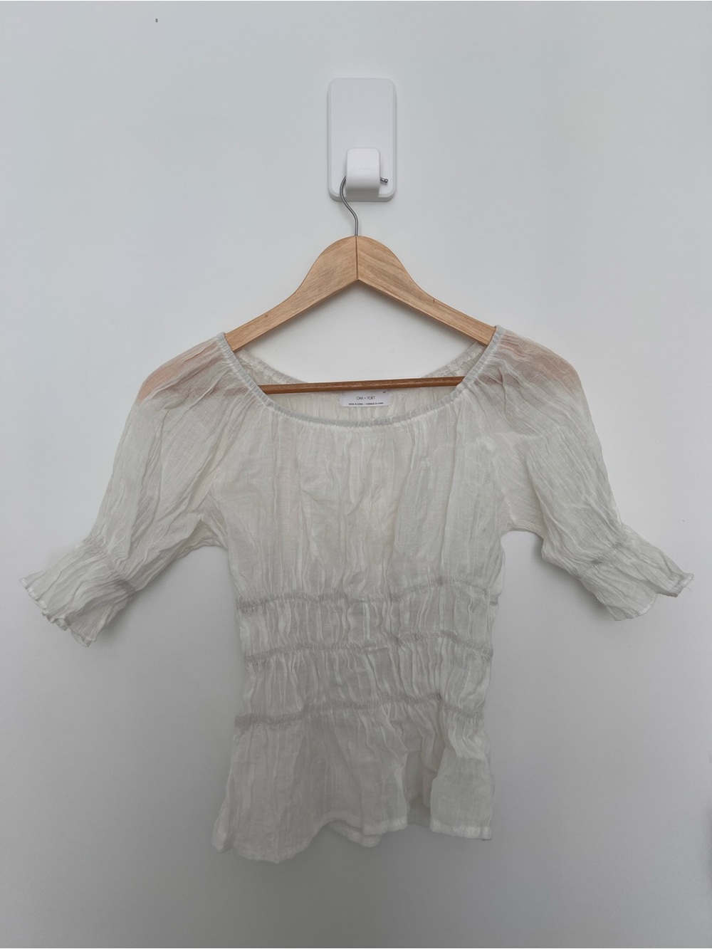 Oak + Fort White Sheer Ruched Peasant Top